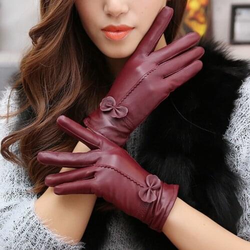 Real Genuine Leather Gloves Women Luxury Warm Sheep Skin Winter Girls Real Leather Yellow Glove Driving Warm Ladies Glove