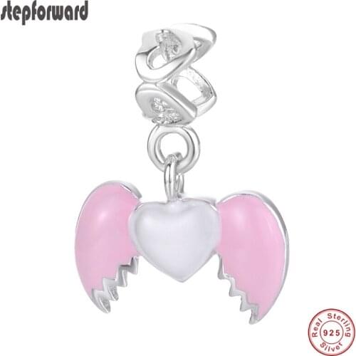 Popular Pink Enamel Flying heart cute design S925 sterling silver heart and wing hanging charm