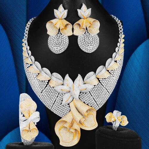 Luxury Nigerian Dubai Big Necklace Earring Bangle Ring Set Jewelry Sets For Women Wedding Bridal Jewelry Sets dubai jewelry set