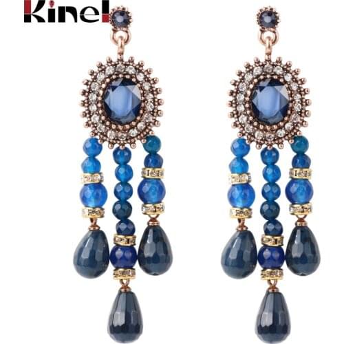 Kinel Blue Natural Stone Tassel Earrings For Women Fashion Antique Gold Color Vintage Jewelry Luxury Crystal Gift 2018 New