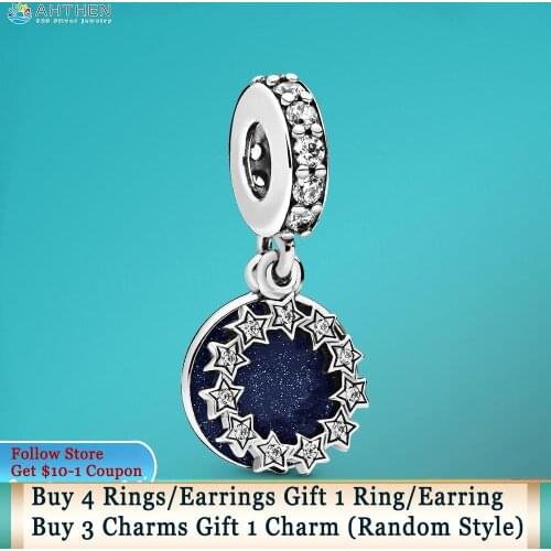 Ahthen 925 Sterling Silver Inspirational Stars & Blue Enamel Dangle Charms fit Original Pandora Bracelet Women Jewelry Girl Gift