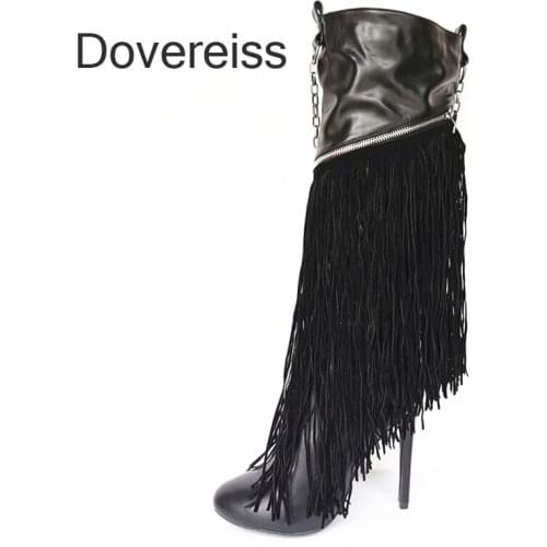Dovereiss Fashion Womens shoes Winter Zipper Sexy Boots Stilettos Heels Fringed Metal Chain Knee High Boots New 44 45 46 47
