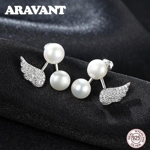Freshwater Pearl Jewelry Angel Wing CZ Earrings 925 Sterling Silver Stud Earrings For Women Korean Earrings Fashion Jewelry