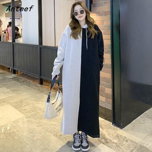 Anteef long sleeve plus size cotton hoodies dresses for women casual loose autumn winter sweatshirts dress elegant clothing 2021