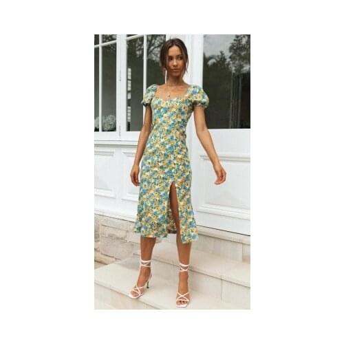 Summer New Womens Square Neck Lantern Short Sleeve Print Hem Split Fashion Slim Womens Mid Length Dress