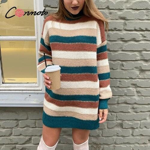 Conmoto Knitted color stripe sweater dress jumper Loose long sleeve women warm sweater Elegant patchwork drop-shoulder jumper