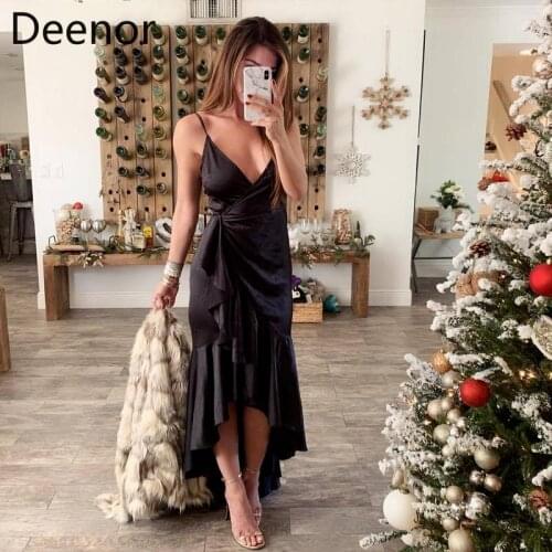 Deenor Sexy Sling Dress Deep Black V Neck Sleeveless Off Shoulder Ruffle Evening Party Club Dresses 2021 Women Summer Sundress