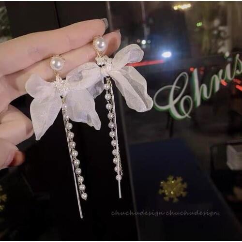 2021 New Korea Fashion Bowkno Tassel Earring Pearl Woman of Earrings Gift Jewelry Wholesale