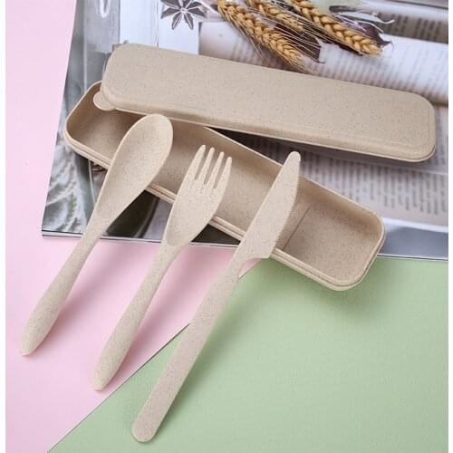 3pcs Reusable Knife Fork Spoon Set Travel Portable Wheat Straw Cutlery Box Set Japan Style Outdoor Student Tableware