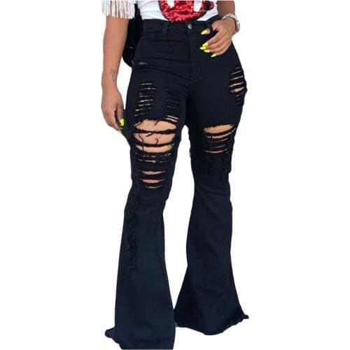 Black Jeans for Women Summer Hole High Waist Skinny Flare Jeans Pants Ladies Wide Leg Push Up Bell Bottom Jeans