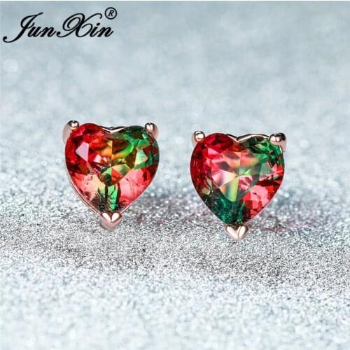 Two Tone Red Green Stone Cute Heart Earrings White Gold Rose Gold Rainbow Crystal Wedding Stud Earrings For Women Zircon Jewelry