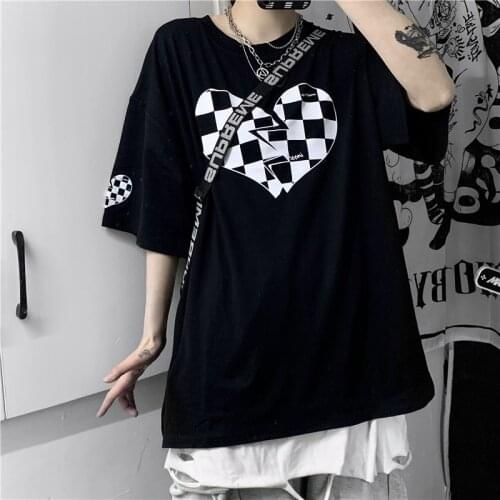 Spring Summer Ins Harajuku Love Black and White Grid Printing Mid-length Men Women Five-point Sleeve T-shirt Student Y2k Shirt