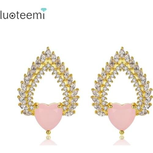LUOTEEMI Exquisite Heart Stud Earrings for Women Wedding Party Cute Jewelry Luxury CZ Stone Double Colors Brinco Christmas Gift