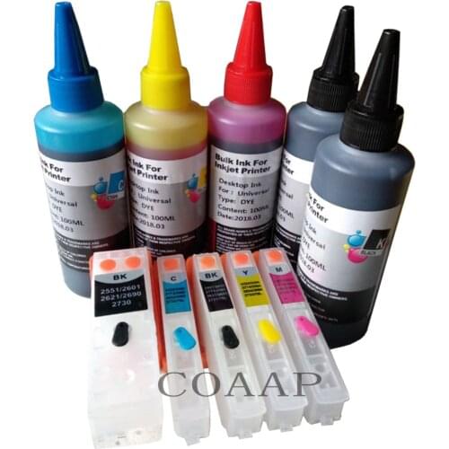 COAAP Refillable Empty Ink Cartridge 5PCS T2621 26/26XL for epson XP710 XP600 XP625 XP700 XP800 XP510 Printer + 500ML Dye ink