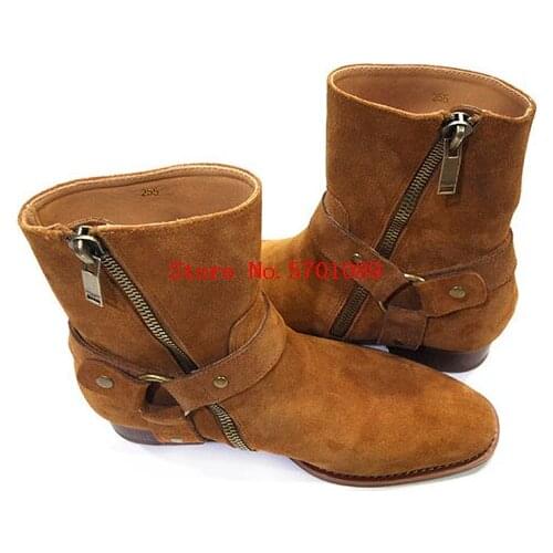 Classic Luxury Handmade Chelsea Boots Suede Leather Chain Harness Shoes Stacked Heel Ankle Boots Side Zip Fashion Chelsea Boots