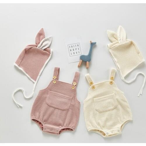 2021 Summer Baby Girl Strap Romper Boy New Sleeveless Ribbed Solid Pocket Jumpsuit Suspender Overalls Newborn Casual Bodysuit