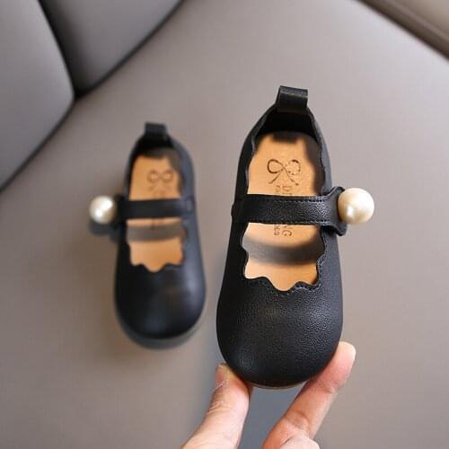 Girl Leather Shoes Autumn New Solid Color Pearl Princess Shoes Soft Bottom Kids Baby Girl Sneakers Size 21-30 SHS050