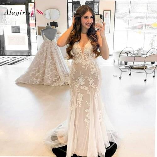 Ivory Mermaid Lace Spaghetti Strap Wedding Dress 2021 Sheath V-neck Vestido de noiva Size Custo Made Wedding Gown Bridal Dress