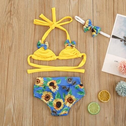 0-24M Newborn Baby Girls Swimsuit, Bikini + Panties + Bow Headband Adjustable Strap Sunflower Print Summer Clothing