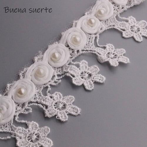 New 1 Yard Daisy Pearl Tassels Embroidered Lace Trim Ribbon Fabric Handmade DIY Sewing Craft for Costume Hat Shoes Decoration