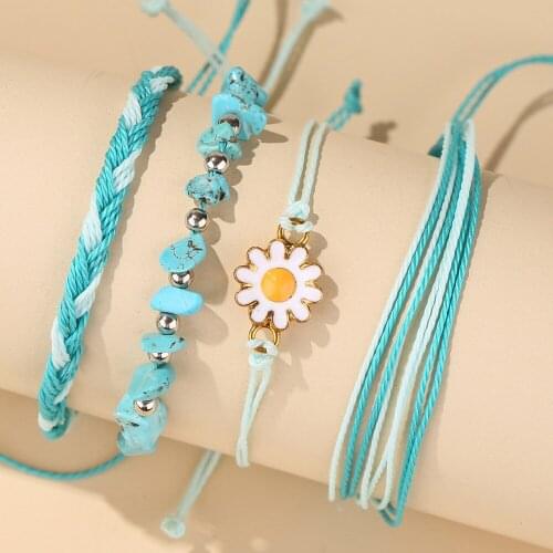 Trendy Explosive New Product Knitted and Knotted Daisy Turquoise Multilayer Bracelet