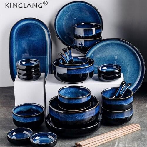 KINGLANG Kiln Glazed Ceramic Dinnerset Japanese Style Star Blue Color Rice Ramen Soup Bowl Dinner Plates Set