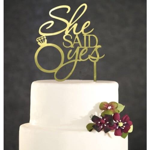 She Said Yes Mirror Gold Acrylic Engagement Ring Wedding Cake Topper Silhouette Wedding Decoration Cake Accessorry
