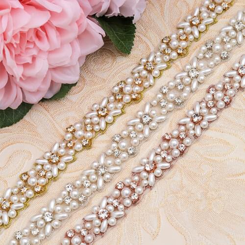 YANSTAR Wholesale 5Yards Pearls Appliques Trim For Bridal Sash Rose Gold Crystal Rhinestones Appliques YS803