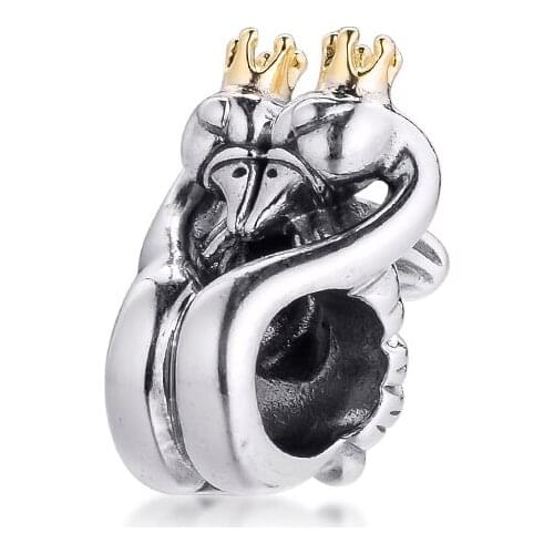 Fits for Pandora Beads Bracelets Two-tone Swans & Hear Charms with 14K Real Gold 100% 925 Sterling Silver Jewelry Free Shipping