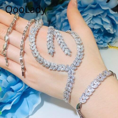 QooLady Gorgeous Silver Color Flower Leaf Micro Pave Cubic Zirconia Necklace Earring Bracelet Women Party Dress Jewelry Set S060