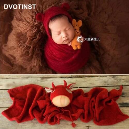 Dvotinst Newborn Baby Photography Props Soft Knitted Wraps 2021 Cute Cow Hats New Years Christmas Red Studio Shoots Photo Props