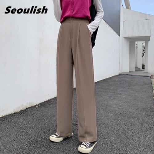 Seoulish 2021 New Spring Summer Button Wide Leg Womens Pants High Waist Female Elegant Minimalism Office Work Loose Trousers