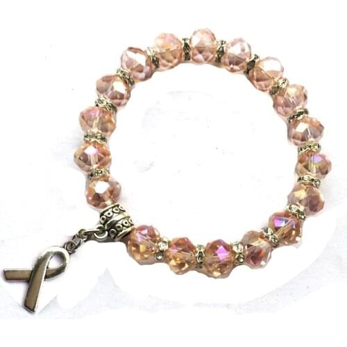 Adult Size 10mm Hot Pink Crystal Glass Faceted Beaded Rhinestone Awareness Breast Cancer Ribbon Bracelet Charm Jewelry