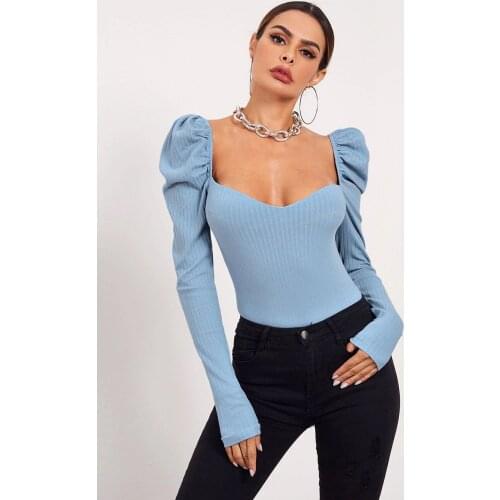 Autumn Winter Puff Long Sleeve Solid Color T Shirt Women Sexy Square Collar T-Shirts Casual Slim Tee Ladies Tops Tee Shirt Femme