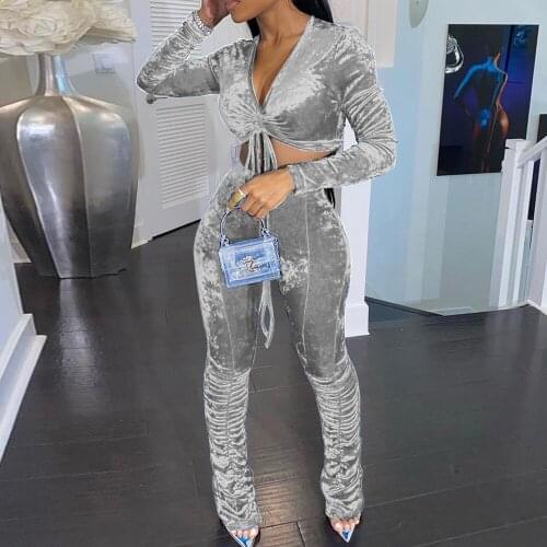 Two Piece Set Velvet Sexy Night Club Deep V Neck Crop Top Stacked Pants Women Birthday Suit 2 Piece Set Clubwear Cute Outfits PC