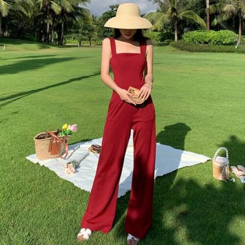 Summer Retro Beach Holiday Long Jumpsuits Women OL Elegant Strap Sleeveless Trousers High Waist Pocket Party Romper Jumpsuits