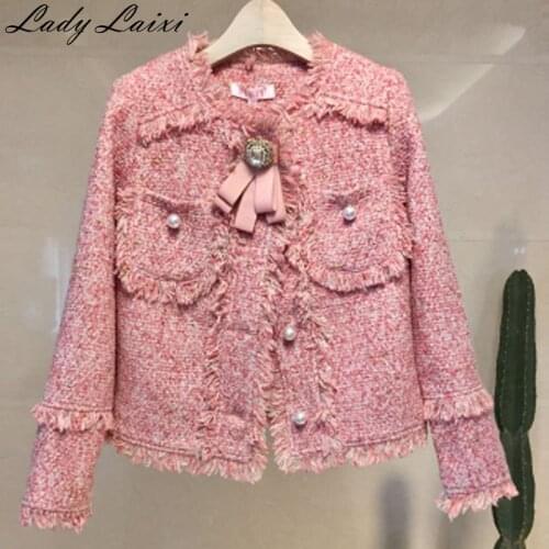 Runway Autumn Winter Tassel Female Tweed Coat Long Sleeve Elegant Loose Fashion Women Tops with pearl button