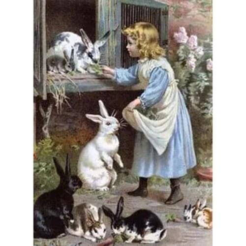 5D DIY Full Round Diamond Painting Girl Rabbit Cross Stitch 3D Embroidery Rhinestone Mosaic Home Decor Gift GJ01