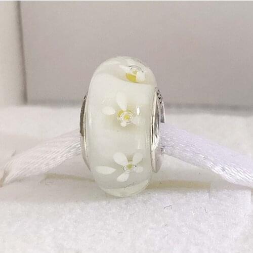 Original White Daisy Blossom Effervescence Lampwork Murano Glass Bead Fit 925 Sterling Silver Charm Bracelet DIY Jewelry