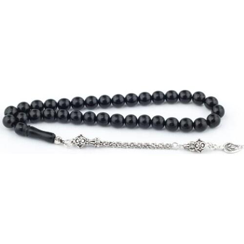 Black Natural Jet Stone Prayer Bead With Silver Tassel Men Rosary Islamic Tasbih With Leaf Tassel 925 Sterling Silver