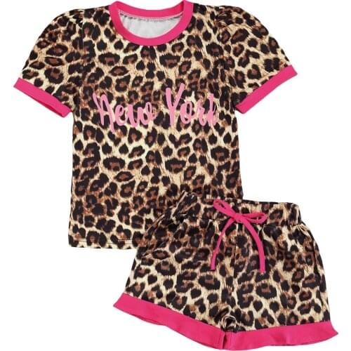2 Pieces Kids Suit Set, Letter Leopard Print O-neck Short Sleeve Blouse+ High Waist Shorts for Girls, 2-7 Years