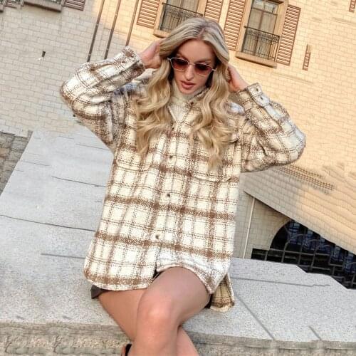 Women Jacket Coat Pockets Plaid Print Button Turn Down Collar Casual Loose Top Fall Winter Woolen Coat Warm Fashion Outerwear