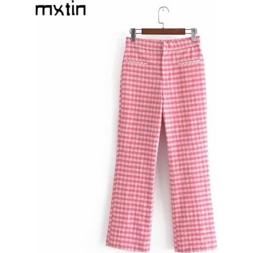 MXTIN 2021 Women Spring Vintage Plaid Office Wear Straight Pants Fashion Zipper High Waist Pockets Female Ankle Trousers Mujer