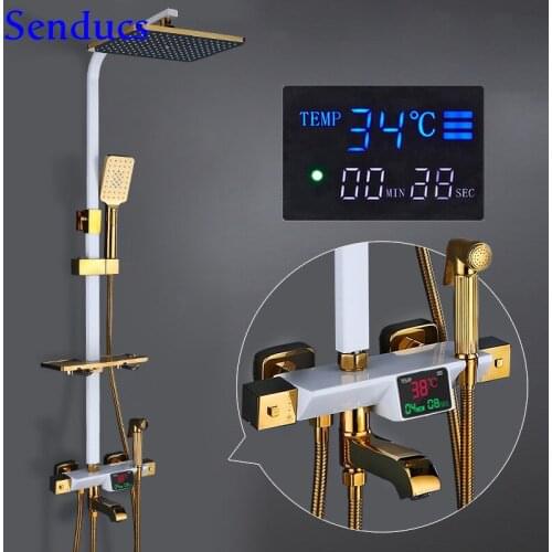 White Gold Shower Set Senducs Digital Bathroom Shower Set 10 Inch Rainfall Bath Shower Faucet Solid Brass Thermostatic Shower