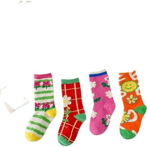 4Pairs Baby Girls Floral Socks 2021 Autumn Cotton Cute Sockens Korean Style Happy Toddler Kids Plaid Socks Skarpetki Dla Dzieci