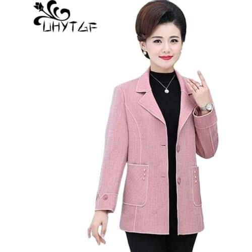 UHYTGF 2021 New Mother Spring Autumn Jacket Fashion Pocket Single-Breasted Small Suit Coat Womens Casual 5XL Plus Size Tops 1774