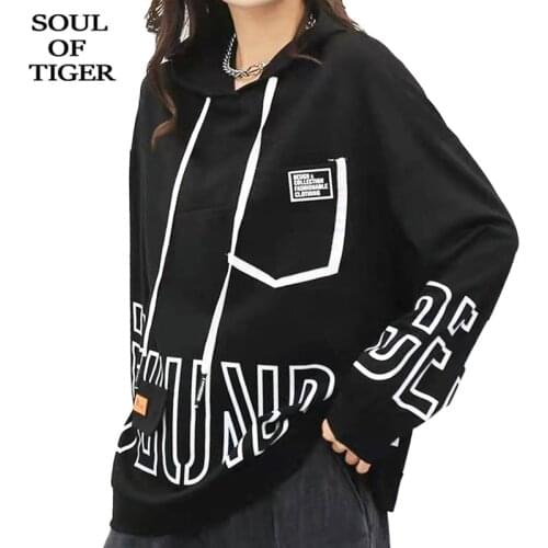 SOUL OF TIGER Autumn New 2021 Black Printed Casual Tee Shirt Women Hooded Loose Tops Ladies Harajuku Vintage Fitness T-shirts