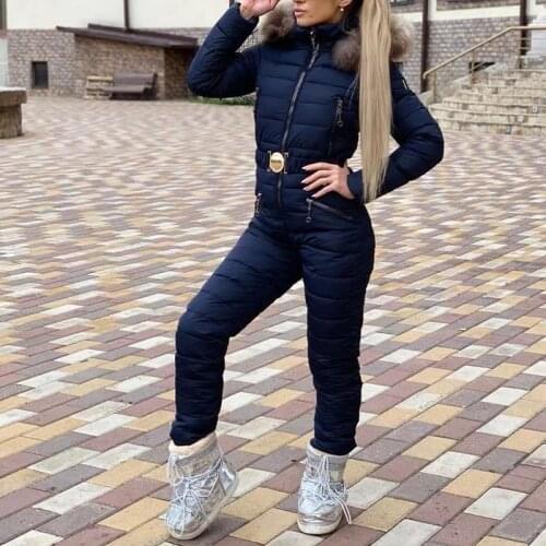 New Winter Hooded Jumpsuits Parka Plus Size Padded Warm Sashes Ski Suit Straight Zipper One Piece Women Casual Tracksuits