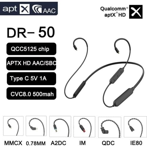 New APT-X HD cable QCC5125 HiFi Earphone 0.78 pin/MMCX UE/QDC A2DC/IE80 IE40 500mAh Wireless Bluetooth 5.0 Battery Audio Cable