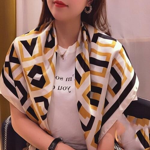 New Summer Sunscreen Silk Scarf Fashion Letter Print Beach Square Bandana Popular 90X90CM Kerchief Female High-Grade Satin Shawl